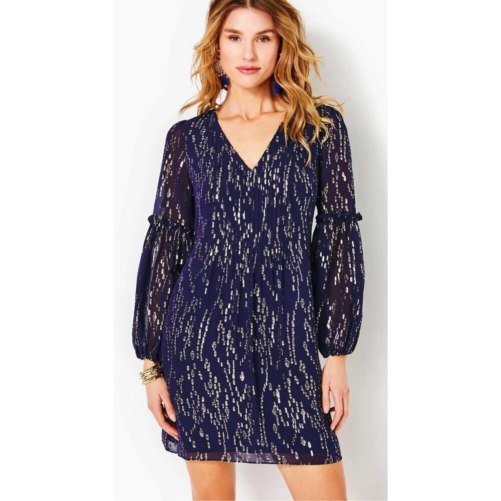 Lilly Pulitzer Cleme Long Sleeve Silk Dress Size 12 Navy Blue Metallic V Neck - Picture 1 of 10